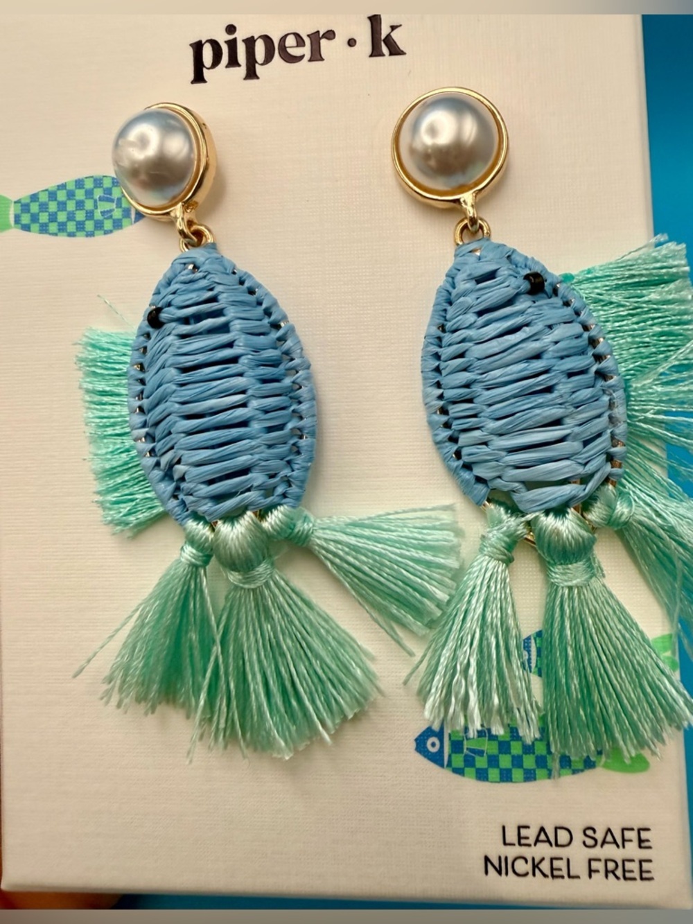 Piper K Blue and Mint Woven Fish Tassel Drop Earrings with Pearl Studs - Picture 4 of 4